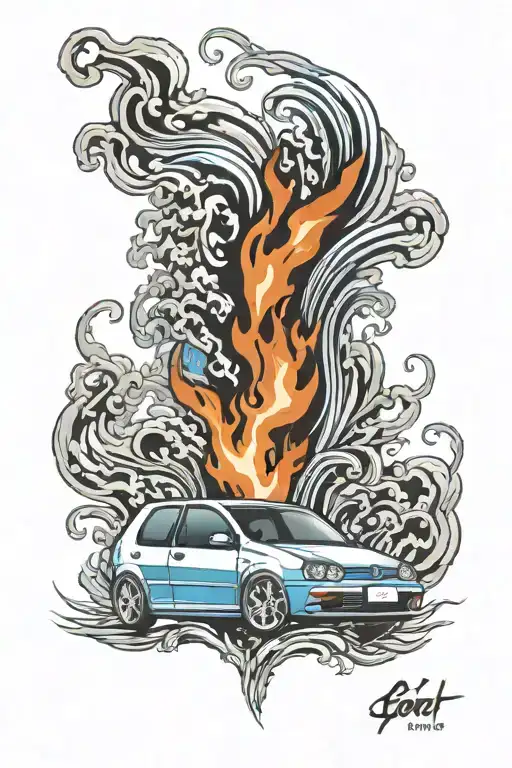 Volkswagen Golf 5 2007 With Flames And Two Blue Eyes Looking From The Flames
