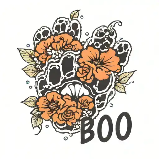 A Realistic Paw Print With Text That Says Boo And Floral Surround