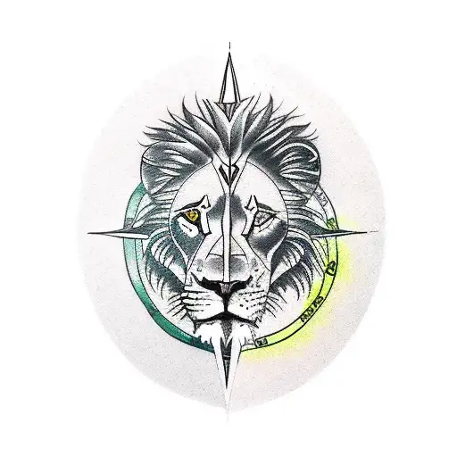 Realistic Lion And Compass Tattoo On Forearm