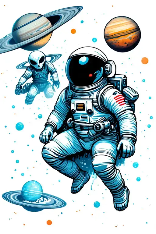 Freezing Astronaut Floating In Space While An Alien Passes By Riding Saturn