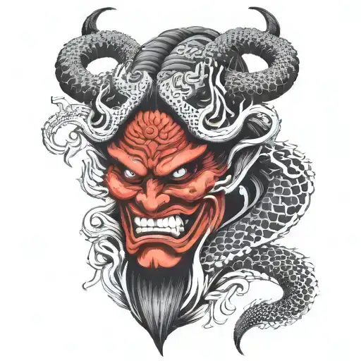 Japanese Oni Mask With A Snake
