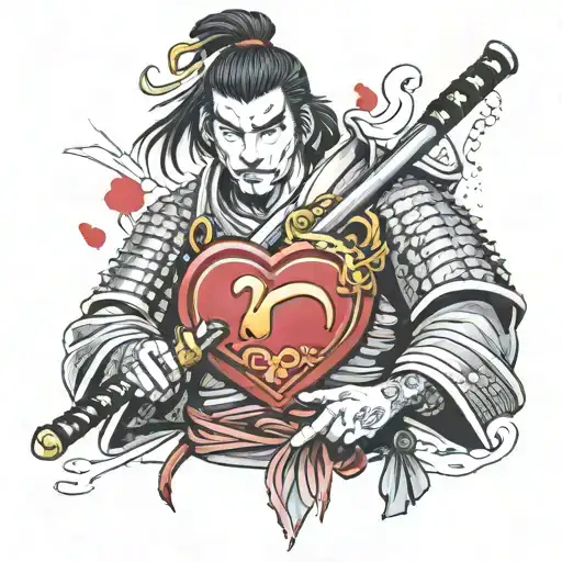 Samurai Warrior Holding A Sword Piercing A Heart Shaped Lock