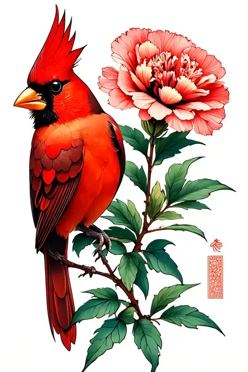 Cardinal Perched With Carnation Flower Blooming