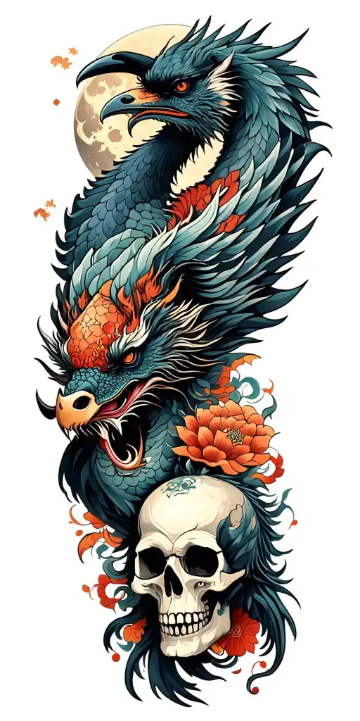 Chinese Dragon And Phoenix And Skull And Moon And Raven