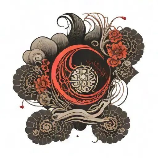 Red New Moon With Abstract Lines And Shading