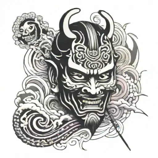 Samurai Mask Surrounded By Swirling