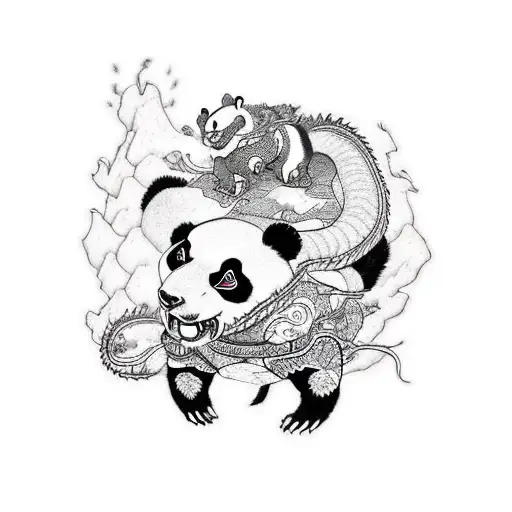 Panda And Dragon Fight Against Each Other In The Mountains Of Japan
