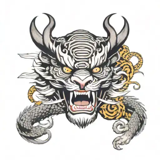 Samurai Helmet Surrounded By Tiger And Dragon