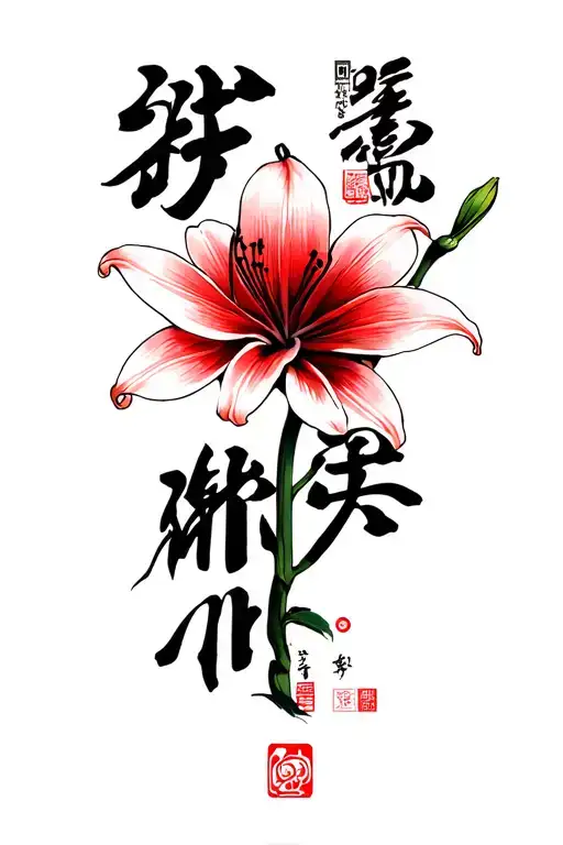 Lily In Chinese Text Vertically In Black With A Red Spider Lily Incorporated