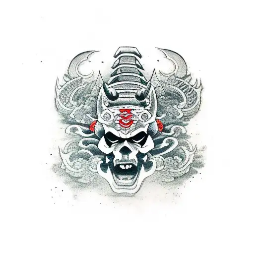 Oni Mask And Katana And Skull