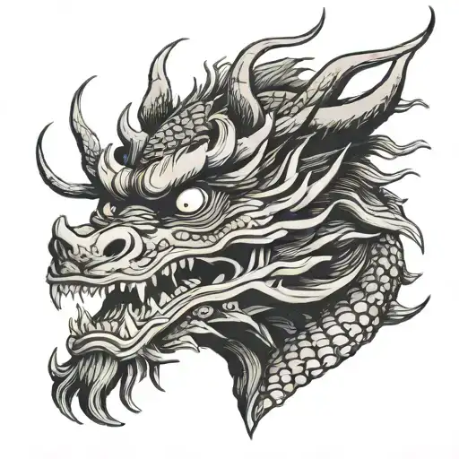 Japanese Traditional Black Dragon Face On A White Background Looking Forward