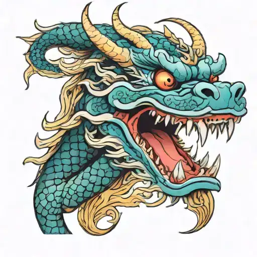 Japanese Traditional Colored Dragon Face On A White Background Looking Forward