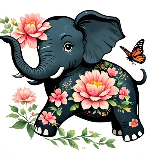 Baby Elephant Holding Flower In Trunk With A Butterfly Sitting On Flower