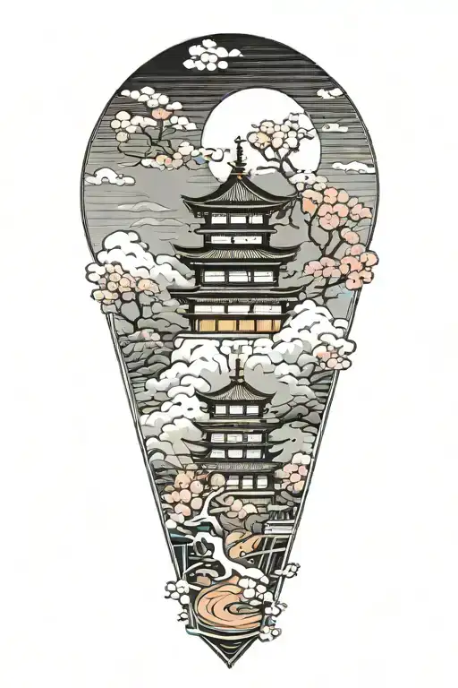 Japanese Temple Nestled In Clouds Cherry Blossom Tree Under A Japanese Rising Sun