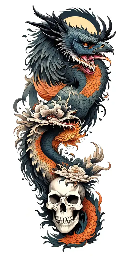 Chinese Dragon And Phoenix And Skull And Moon And Raven