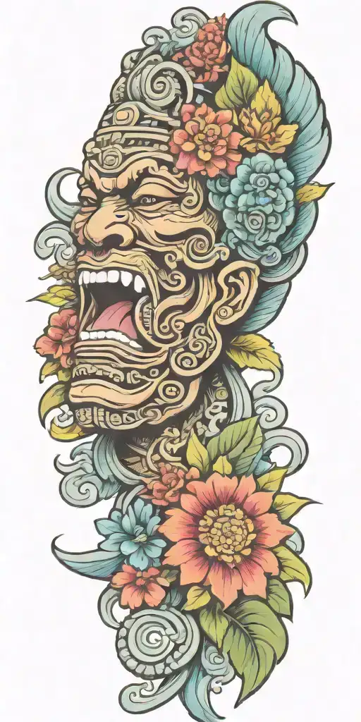 Mayan Warrior Tongue Out Acid On Tongue Flowers Water Mayan Tribal Pattern