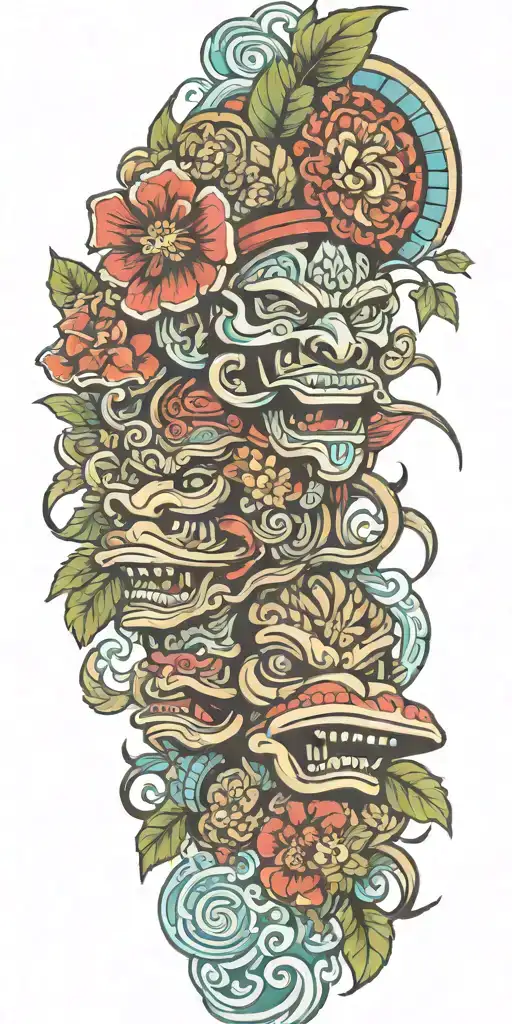 Mayan Warrior Tongue Out On Tongue Flowers Water Mayan Tribal Pattern Mushrooms