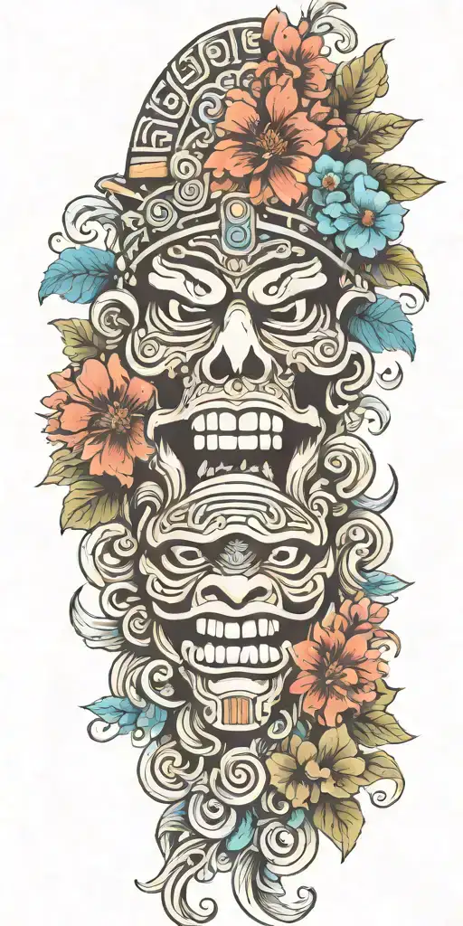 Mayan Warrior Tongue Out On Tongue Flowers Water Mayan Tribal Pattern Mushrooms Trippy