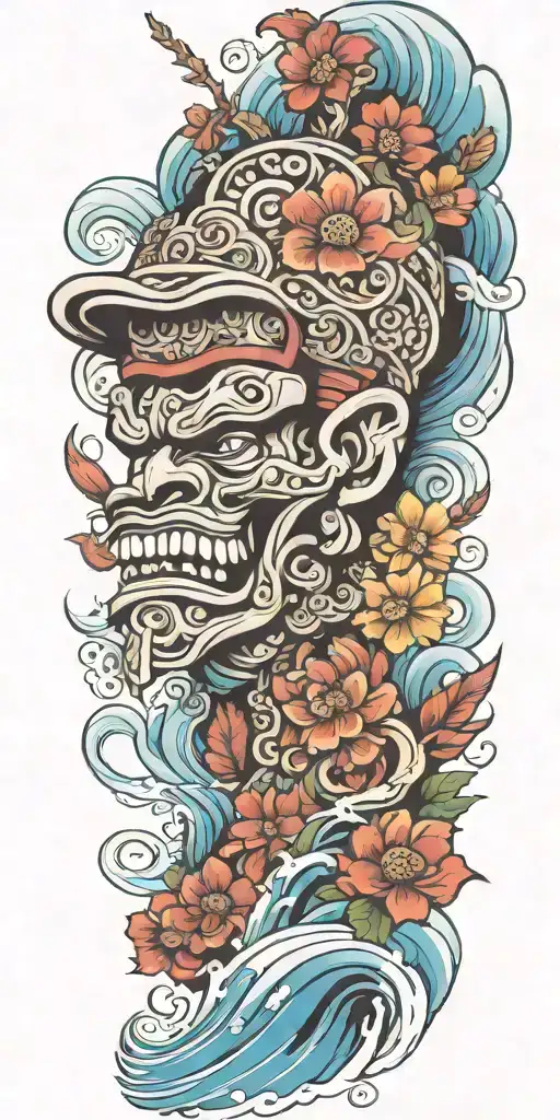 Mayan Warrior Tongue Out On Tongue Flowers Waves Mayan Tribal Pattern Mushrooms