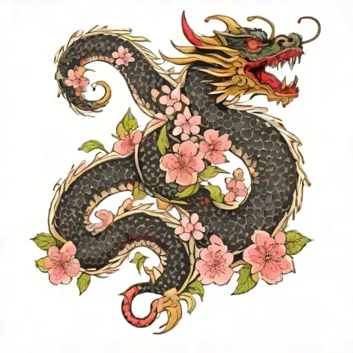 A Dragon Surrounded By Cherry Blossoms