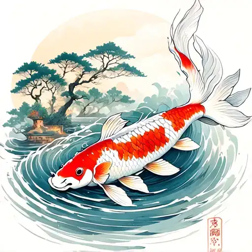 Koi Fish Swimming Upstream Surrounded By Forest