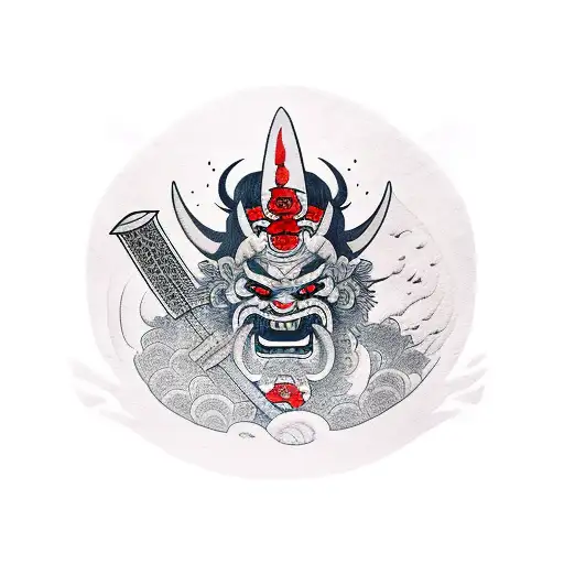 Oni Mask With Katana In Head Lay On The Stone