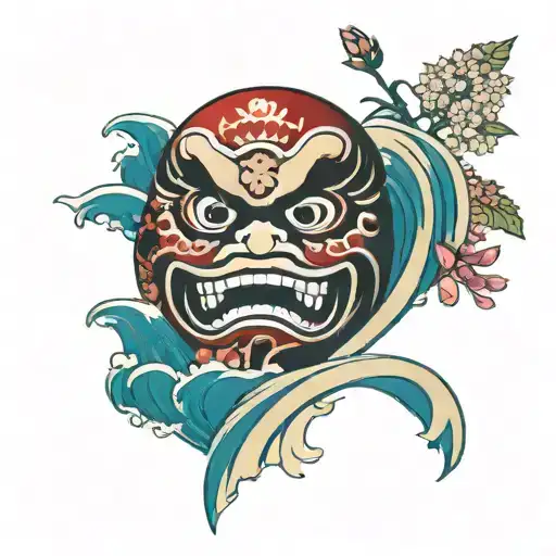 Daruma Doll With Wave On The Background And Some Japanese Flowers