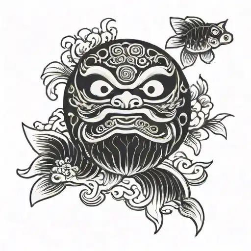 Daruma Doll And Koi Fish Black And Gray