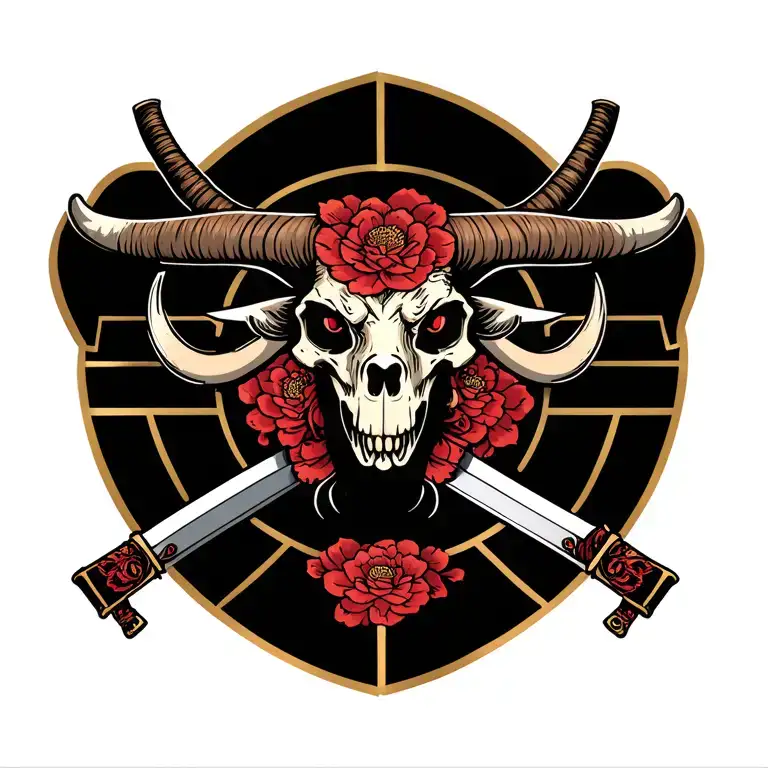 Taurus Skull Surronded With Katanas Crossed