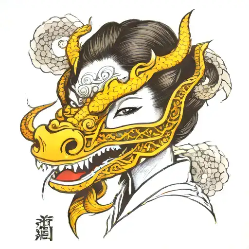 Japanese Girl With Dragon Mask