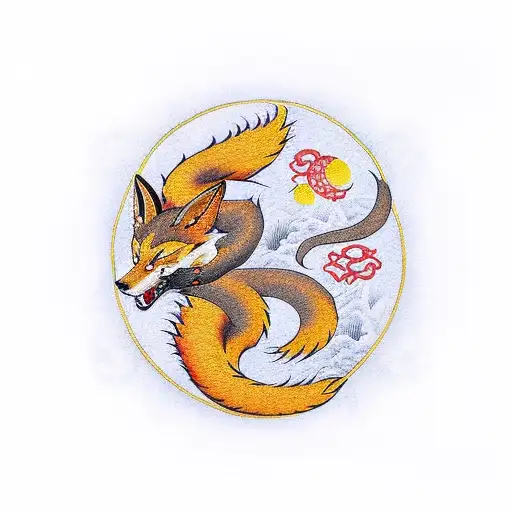 Nine Tailed Fox In Dark Red With Yellow Golden Lines