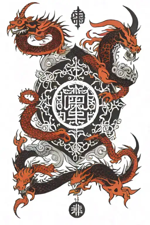 Dragon Around Trishul And In The Center The Should Be Om And Karam Below That Wolf Owl