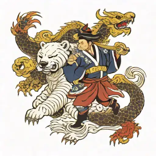 An Intricate Design Of A Veteran Warrior With A Polar Bear And Golden Dragon Motifs