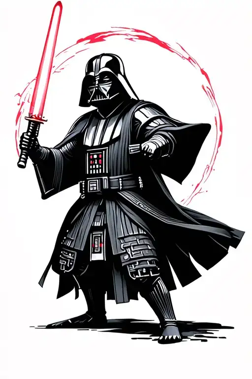 Samurai Darth Vader Holding A Lightsaber