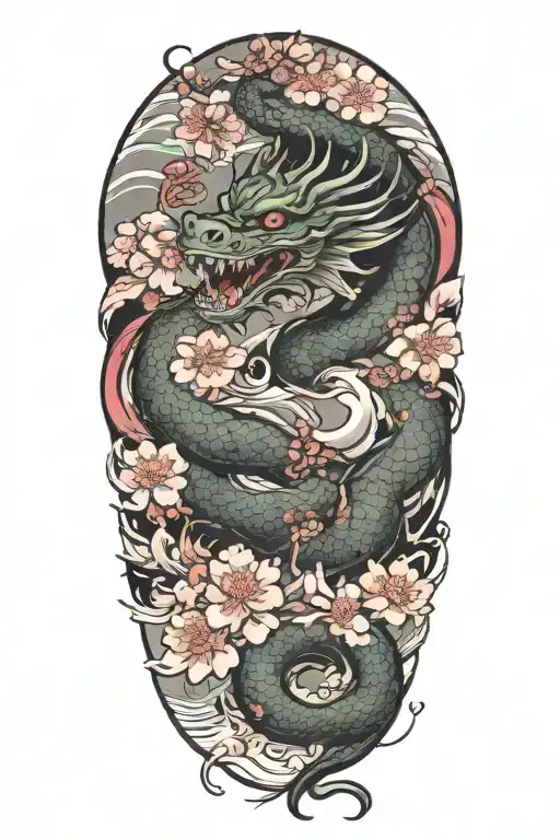 Dragon Tattoo With Cherry Blossoms And Clouds Surrounding