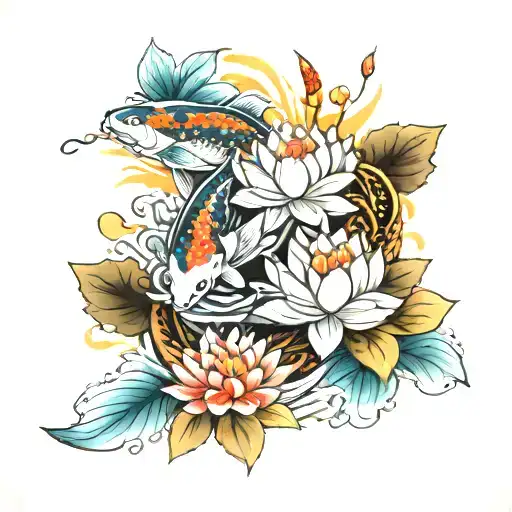 Brushstroke Lotus And Two Koi Fish