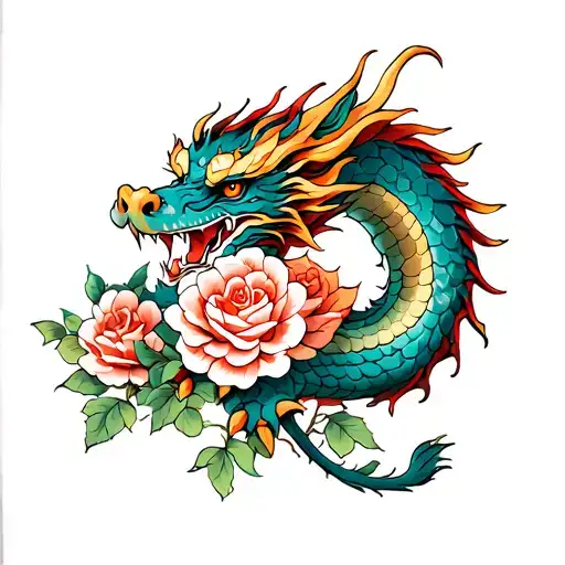 Japanese Dragon With Roses Growing Together