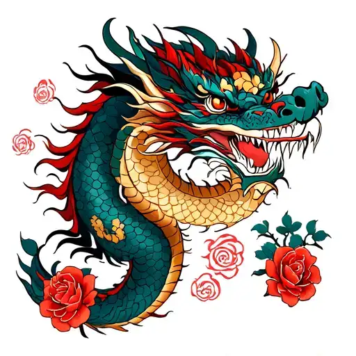 Japanese Dragon With Roses