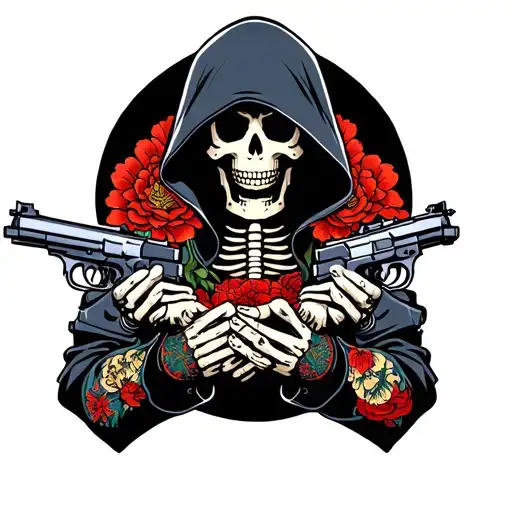 A Hooded Skeleton Holds Two Silent Pistols In His Crossed Hands