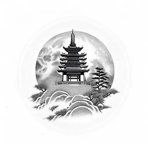 Forest With Chinese Temple And Moon With Rays Of Light