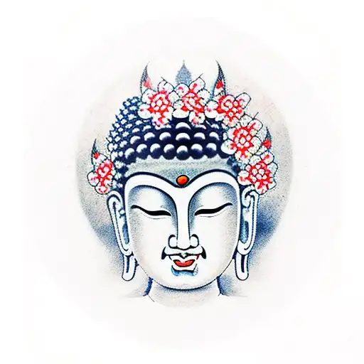 Buddha Smiling With White And Red Flowers On The Background