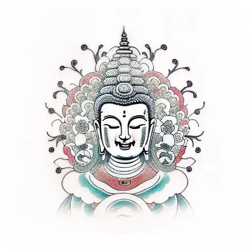 Full Buddha Smiling With White And Red Flowers On The Background