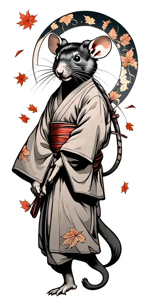 Sketch Tattoo Sleeve In The Style Of Japan With An Old Ninja Rat In A Kimono And Falling Leaves