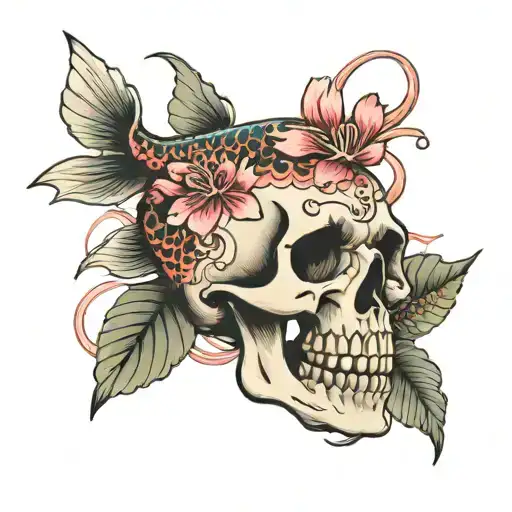 Skull With Pink Flowers And A Koi Fish Swimming