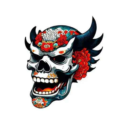 A Japaneses Demon Mask Is On Top And A Skull Is On The Bottom