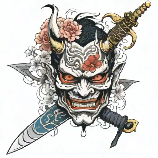 Hannya Mask With Flower And Sword Going Through It