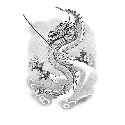 Dragon With Sakura And Katana