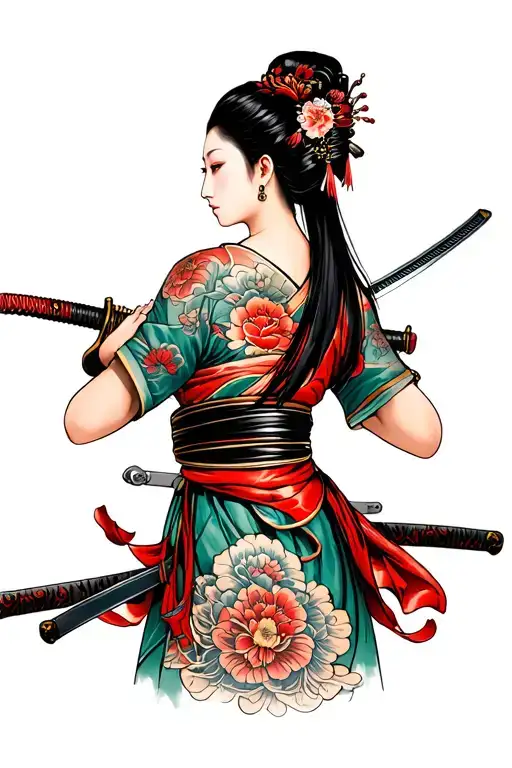 Traditional Japanese Attractive Woman With Katana Sword Facing Backwards