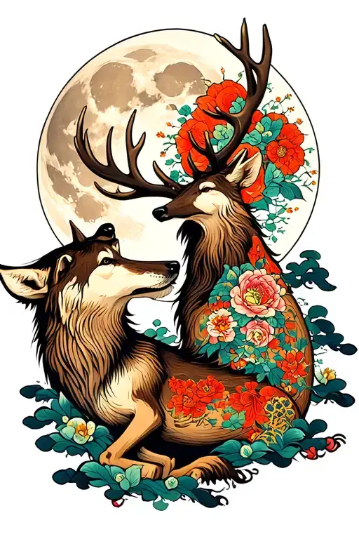 Wolf Howling At The Moon Deer With Big Hor