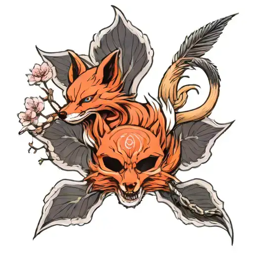 Full Bodied Nine-tailed Fox In Front Of Cherry Blossom Tree Growing Out Of A Skull